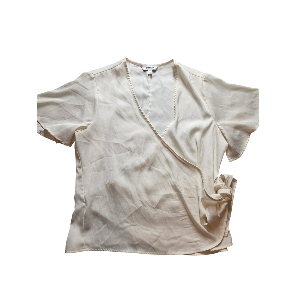 Express Ivory Short Flutter Sleeve V-Neck Wrap Blouse Side Tie Cream Medium